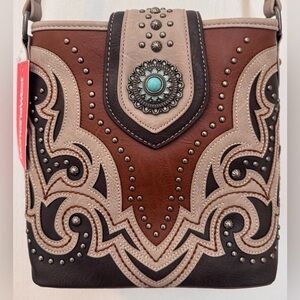 MONTANA WEST CROSSBODY. SOUTHWEST, AZTEC, SILVER STUDS & TURQUOISE EMBELLISH